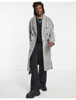 oversized belted overcoat in gray plaid