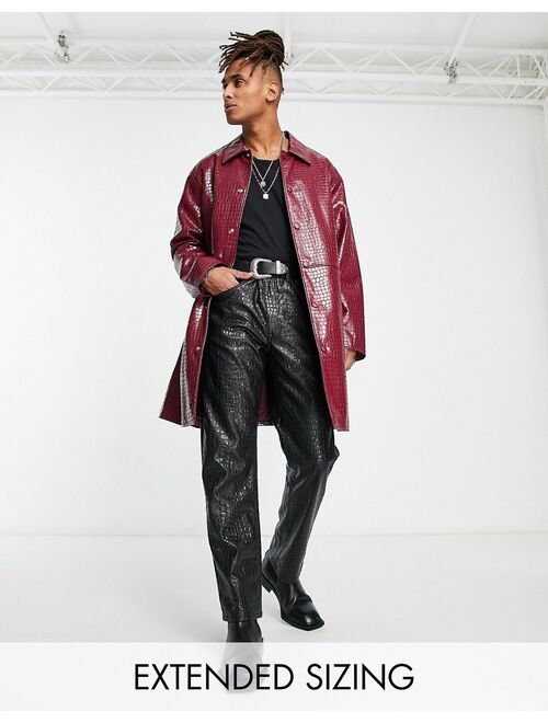 ASOS DESIGN faux leather snake trench coat in burgundy
