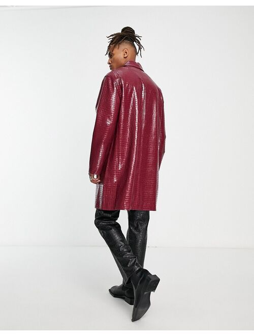 ASOS DESIGN faux leather snake trench coat in burgundy