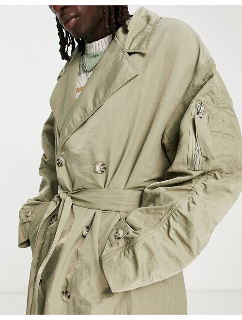 ASOS DESIGN extreme oversized nylon trench coat with MA1 pocket and rouching detail in sage
