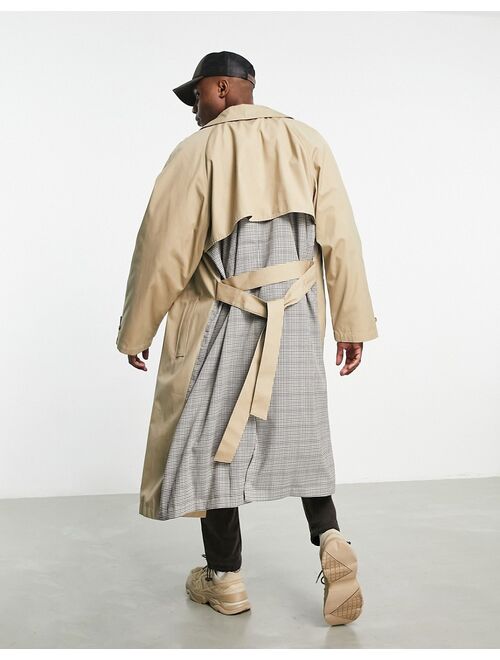ASOS DESIGN oversized trench in stone with check panels