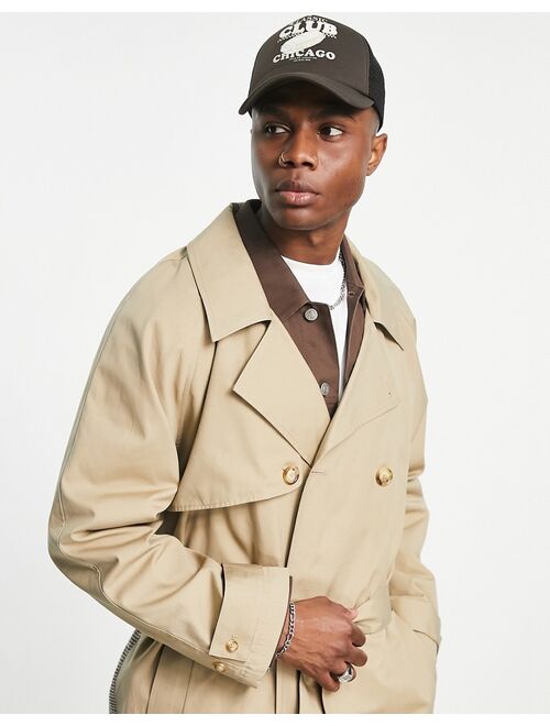 ASOS DESIGN oversized trench in stone with check panels
