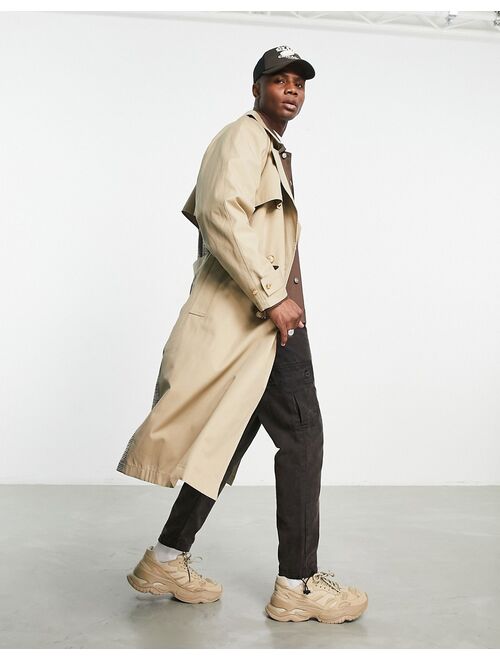 ASOS DESIGN oversized trench in stone with check panels