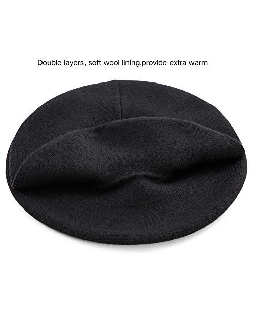 LADYBRO 2 Layers French Beret Hats for Women, Warm Cable Knit Beret Wool Beret Soft Hat