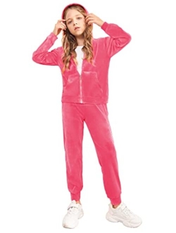2 Piece Outfits for Girls Velour Tracksuit Hoodie and Jogger Set Sweatsuit Athletic Clothes Sets