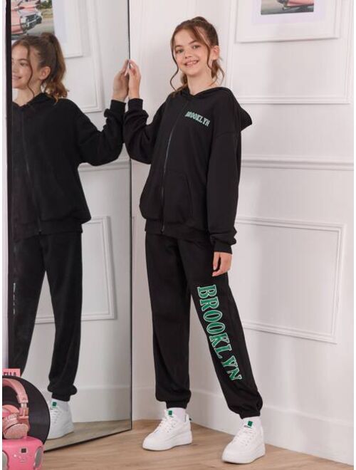 SHEIN Teen Girls Letter Graphic Zip Up Hoodie and Sweatpants Set
