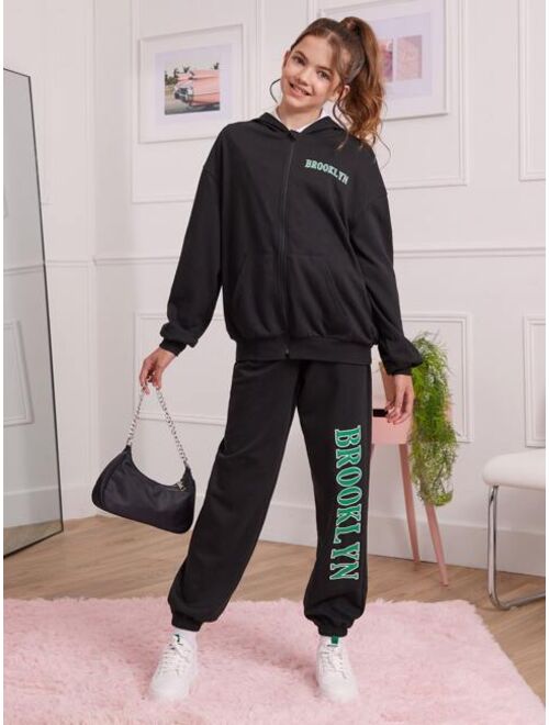 SHEIN Teen Girls Letter Graphic Zip Up Hoodie and Sweatpants Set