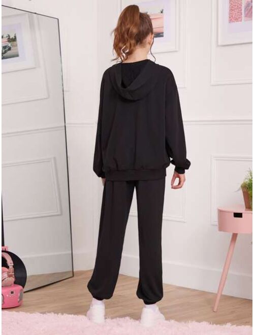 SHEIN Teen Girls Letter Graphic Zip Up Hoodie and Sweatpants Set