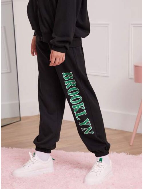 SHEIN Teen Girls Letter Graphic Zip Up Hoodie and Sweatpants Set