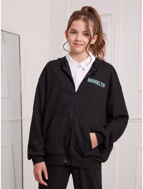 SHEIN Teen Girls Letter Graphic Zip Up Hoodie and Sweatpants Set