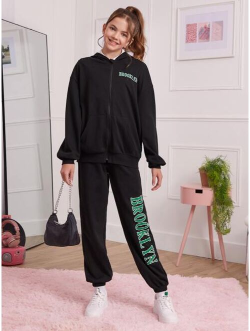 SHEIN Teen Girls Letter Graphic Zip Up Hoodie and Sweatpants Set