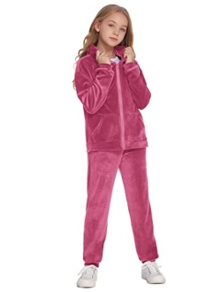 Hopeac Girls Casual Basic Velour Zip Up Hoodie Sweatsuit Tracksuit Set Jogger Clothes Outfits