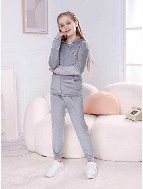 V.&GRIN Girls Tracksuit Outfits Velour Sweatsuits Zip Hoodie and Sweatpants Jogger Clothes Set