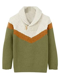 Makkrom Kids and Boys Pullover Sweater Contrast Color Shawl Collar Long Sleeve Toggle Button Knitted Jumper