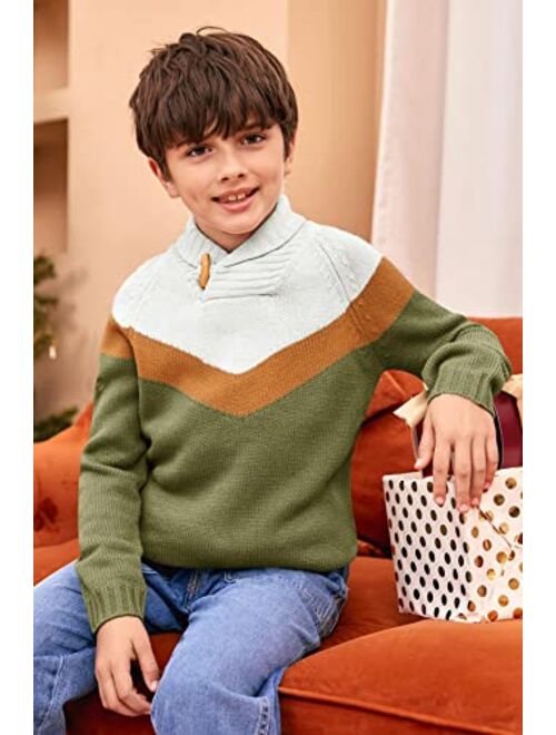Makkrom Kids and Boys Pullover Sweater Contrast Color Shawl Collar Long Sleeve Toggle Button Knitted Jumper