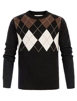 Boys Argyle Pullover Sweater Crew Neck Knit Long Sleeve Pullover Knitwear