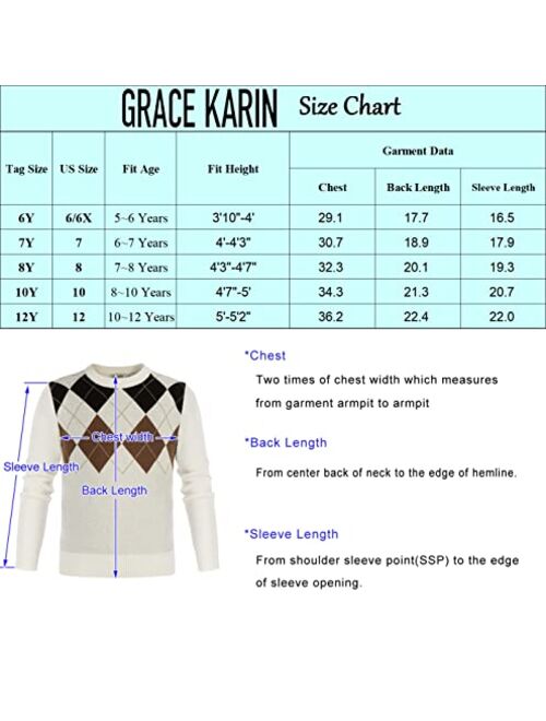 GRACE KARIN Boys Argyle Pullover Sweater Crew Neck Knit Long Sleeve Pullover Knitwear