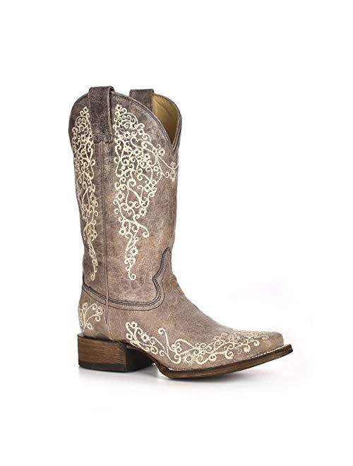 CORRAL Womens Western Authentic Cowgirl Genuine Rustic Leather Brown Crater Bone Embroidery Square Toe Boots, A2663