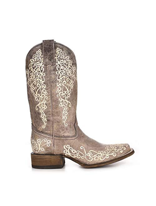 CORRAL Womens Western Authentic Cowgirl Genuine Rustic Leather Brown Crater Bone Embroidery Square Toe Boots, A2663