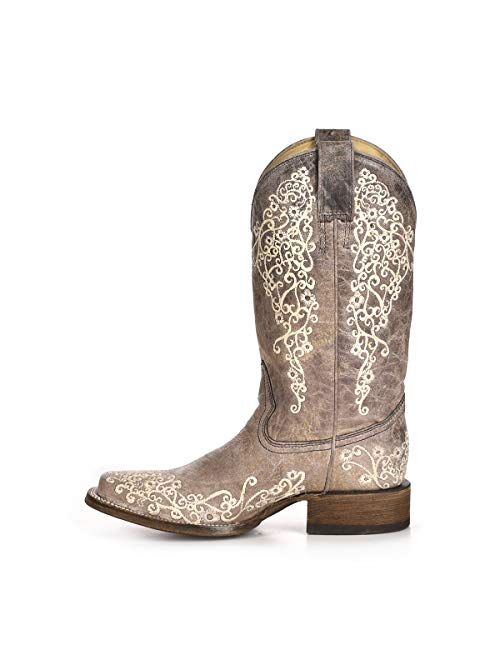 CORRAL Womens Western Authentic Cowgirl Genuine Rustic Leather Brown Crater Bone Embroidery Square Toe Boots, A2663