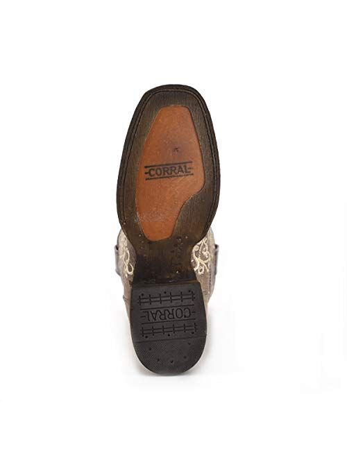 CORRAL Womens Western Authentic Cowgirl Genuine Rustic Leather Brown Crater Bone Embroidery Square Toe Boots, A2663