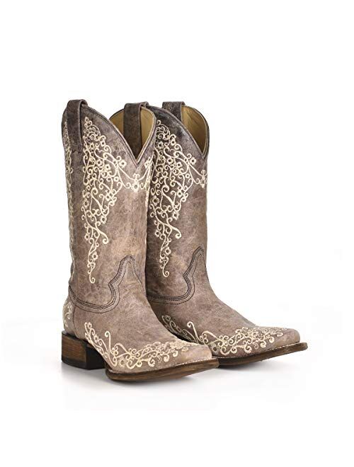 CORRAL Womens Western Authentic Cowgirl Genuine Rustic Leather Brown Crater Bone Embroidery Square Toe Boots, A2663