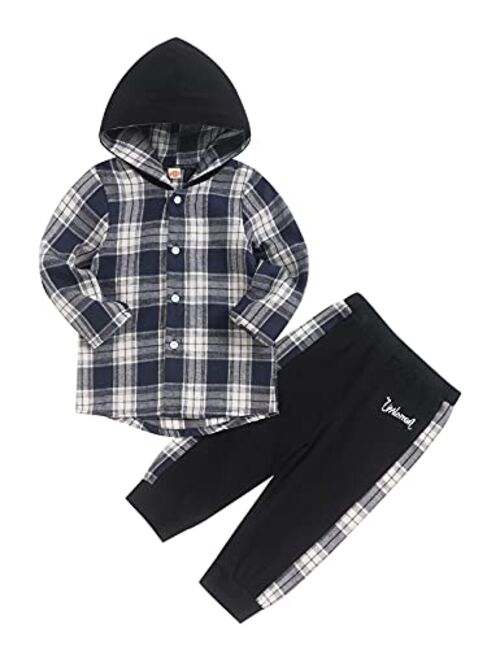 Fuermos Toddler Baby Boys Clothes Flannel Lattice Button Down Hoodied Tops +Pants Boys Fall Winter Outfits