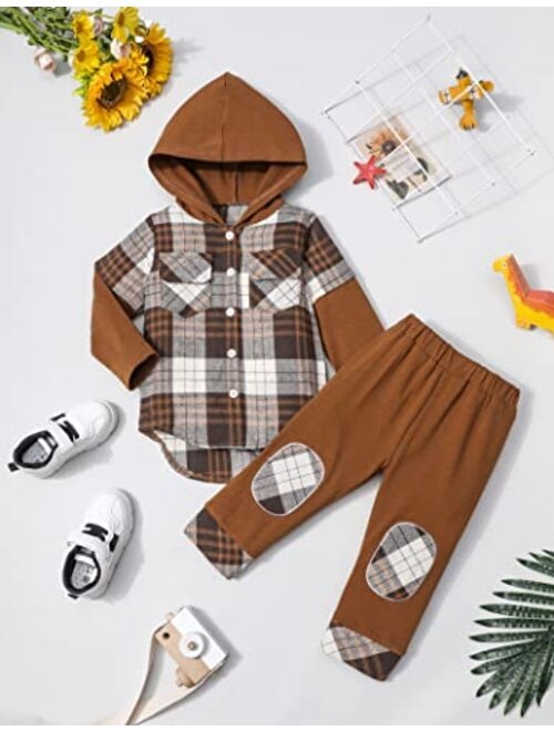 Donwen Toddler Baby Boy Clothes Baby Boy Fall Clothes Plaid Long Sleeve Hoodie + Pants Toddler Clothes for Boys