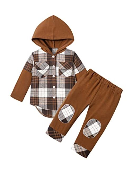 Donwen Toddler Baby Boy Clothes Baby Boy Fall Clothes Plaid Long Sleeve Hoodie + Pants Toddler Clothes for Boys
