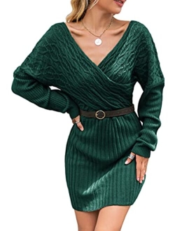 Women's 2021 New Elegant Wrap Batwing Sleeve Pullover Sweater Dress V Neck Bodycon Sexy Knit Cocktail Winter Dress