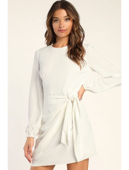 Lulus Believe It or Knot White Long Sleeve Tie-Front Skater Dress