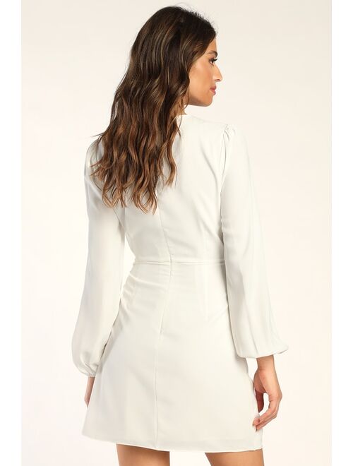 Lulus Believe It or Knot White Long Sleeve Tie-Front Skater Dress