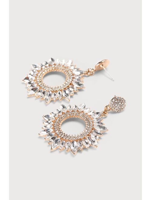 Lulus Dreamy Sparkle 18KT Gold Circular Rhinestone Statement Earrings