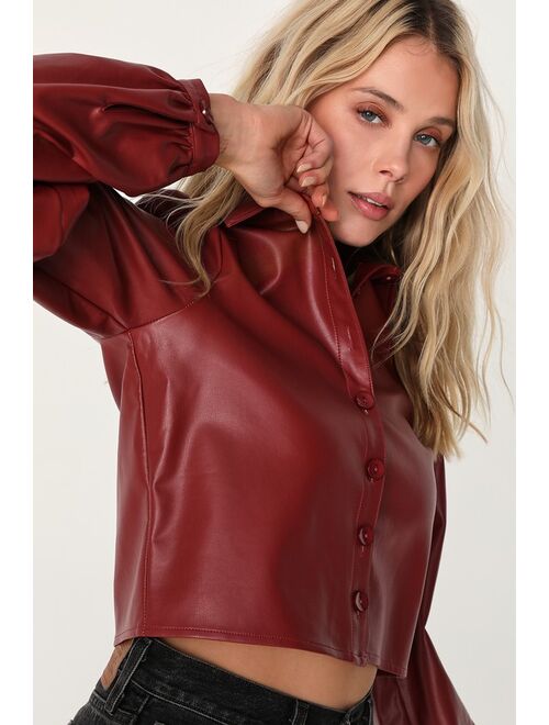 Lulus Impressive Vibe Burgundy Vegan Leather Button-Up Top