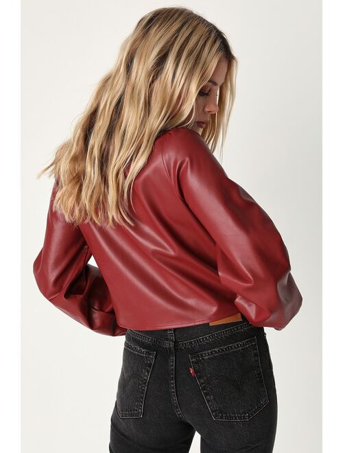 Lulus Impressive Vibe Burgundy Vegan Leather Button-Up Top