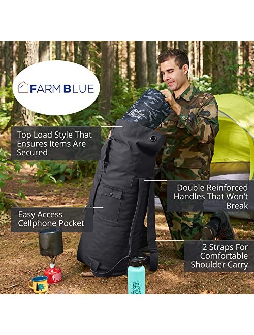Farm Blue 2 Strap Top Load Non-Zipper Extra Large XL Military Duffel Bags - Heavy Duty Army Grade Cotton Canvas Duffle bags For Men, Women & Students - Tactical Gear Sack