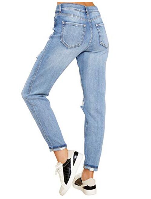 Vetinee Women's High Rise Destroyed Boyfriend Jeans Washed Distressed Ripped Denim Pants
