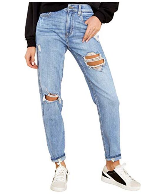 Vetinee Women's High Rise Destroyed Boyfriend Jeans Washed Distressed Ripped Denim Pants