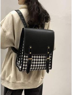 Houndstooth Graphic Buckle Decor Flap Backpack