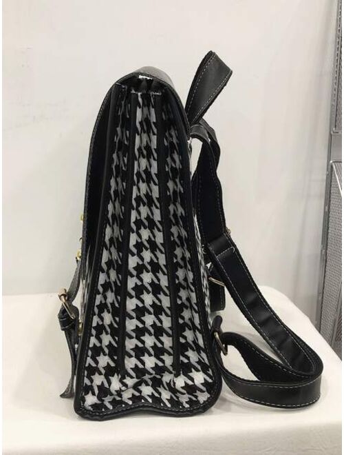 Shein Houndstooth Graphic Buckle Decor Flap Backpack