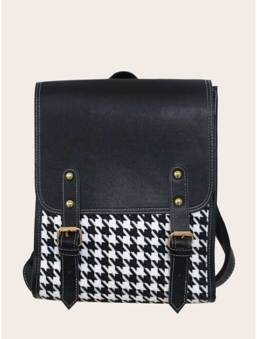 Shein Houndstooth Graphic Buckle Decor Flap Backpack