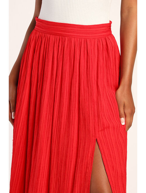 Lulus Midsummer Memories Red Mid-Rise Maxi Skirt