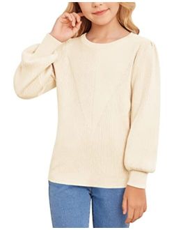 Hopeac Girl's Sweaters Christmas Crewneck Puff Long Sleeve Chunky Knitted Pullover Jumper Warm Winter Clothes