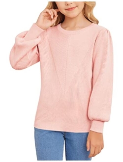 Hopeac Girl's Sweaters Christmas Crewneck Puff Long Sleeve Chunky Knitted Pullover Jumper Warm Winter Clothes