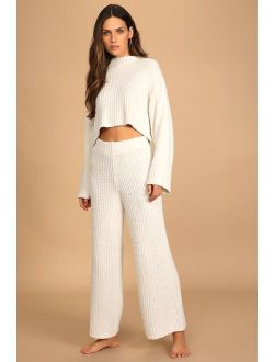 Staying Cozy Ivory Ribbed Knit Wide-Leg Sweater Pants