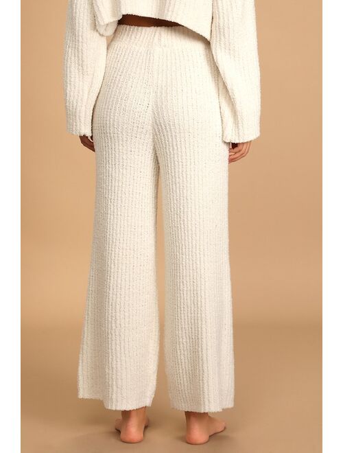 Lulus Staying Cozy Ivory Ribbed Knit Wide-Leg Sweater Pants