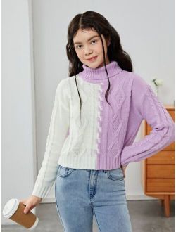 Teen Girls Two Tone Cable Knit Turtleneck Drop Shoulder Sweater