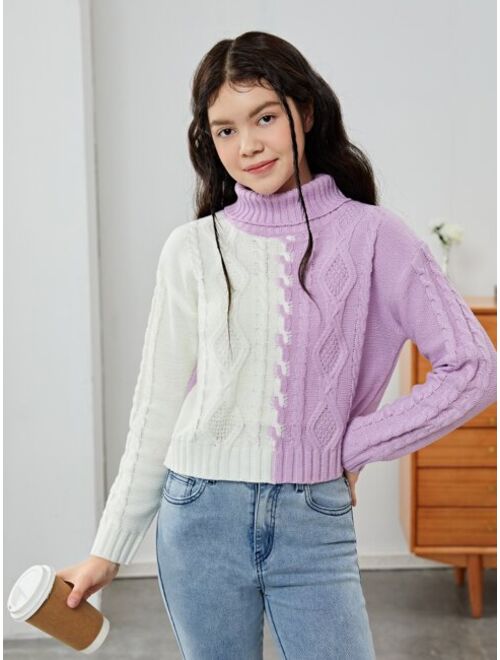 Shein Teen Girls Two Tone Cable Knit Turtleneck Drop Shoulder Sweater