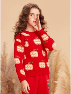 Girls Pumpkin Pattern Drop Shoulder Sweater