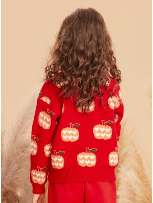 Shein Girls Pumpkin Pattern Drop Shoulder Sweater